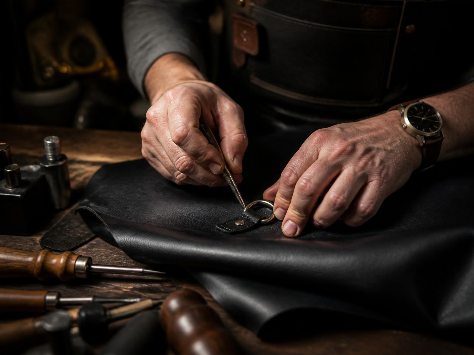 Craftsman working on premium black leather