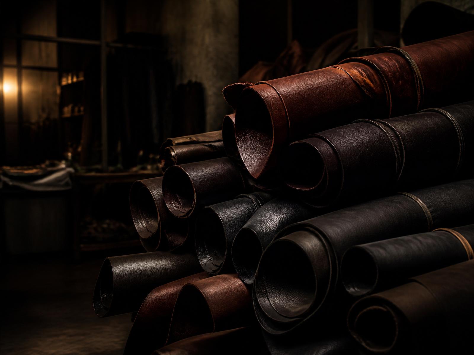 Rolls of premium tanned leather in a dark workshop